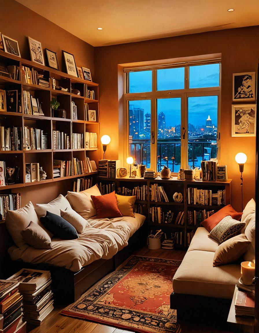A cozy, warm-toned room filled with manga books and art supplies, where a couple is passionately discussing their favorite steamy manga, surrounded by illustrations of characters from various genres. The atmosphere exudes intimacy and creativity, with soft lighting that enhances the emotional connection between them. Include small details like coffee cups and cozy cushions to invite the viewer into the scene. super-realistic. warm colors. soft lighting.
