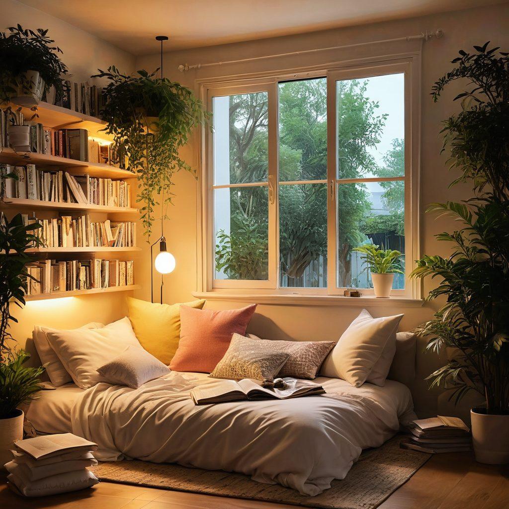 A captivating scene of an open manga book with illustrated pages showcasing tantalizing characters and sensual narratives. In the background, a cozy reading nook with soft lighting, plush cushions, and decorative plants reflects a gentle allure. Focus on vibrant colors in the manga illustrations and warm tones in the setting to evoke an inviting atmosphere. Super-realistic. Vibrant colors.
